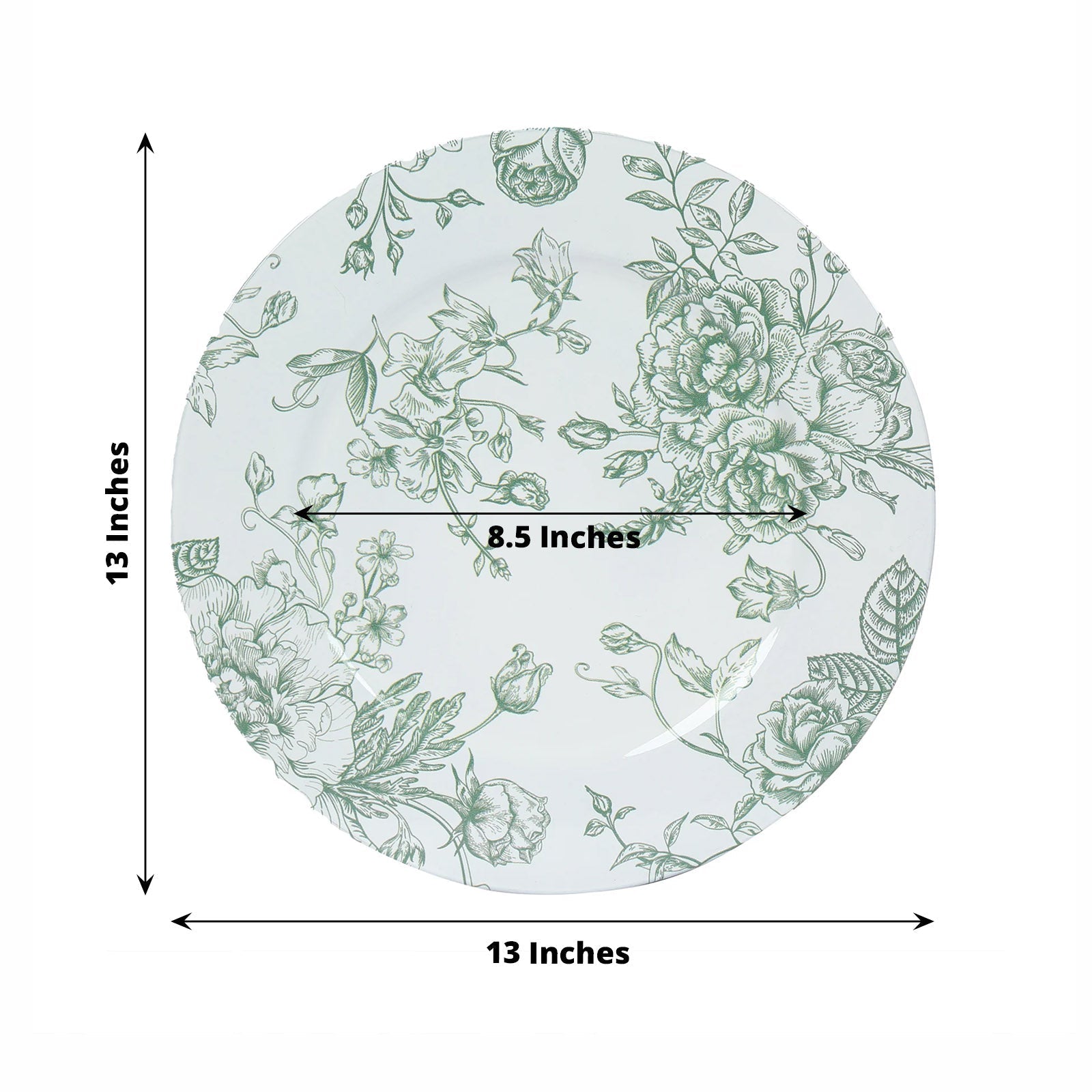 6 Pack Round Floral Acrylic Charger Plates in French Toile Pattern, 13" White Sage Green Dinner Charger Event Tabletop Decor - Bell Racket Store