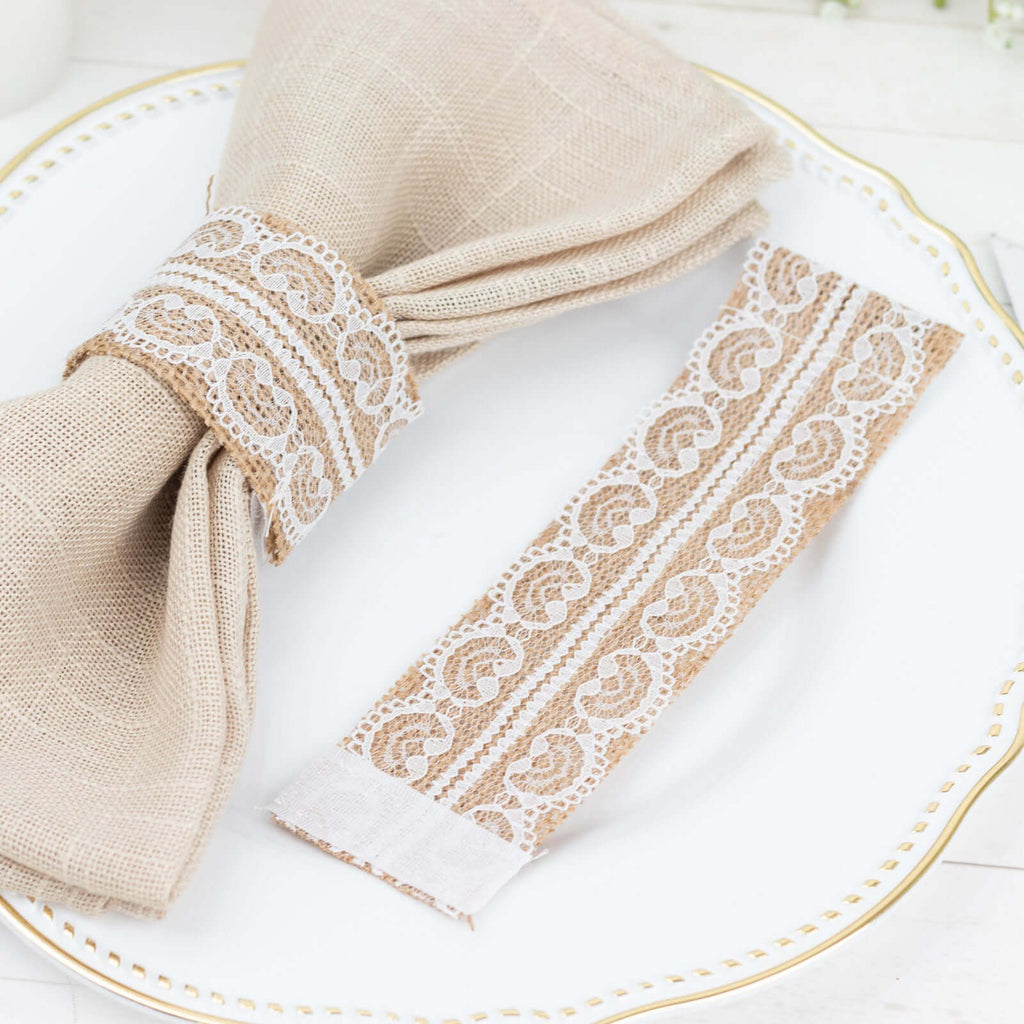 6 Pack Rustic Boho Chic Burlap and Lace Napkin Rings, Farmhouse Style Jute Serviette Buckles Holder - Bell Racket Store