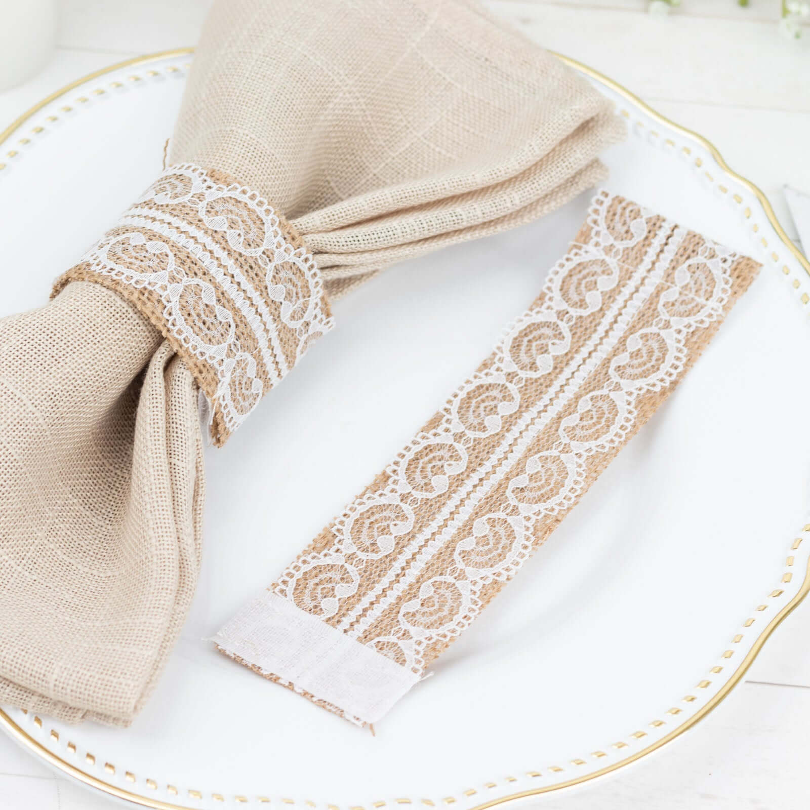 6 Pack Rustic Boho Chic Burlap and Lace Napkin Rings, Farmhouse Style Jute Serviette Buckles Holder - Bell Racket Store