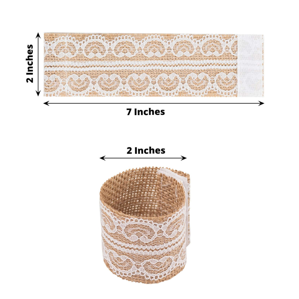 6 Pack Rustic Boho Chic Burlap and Lace Napkin Rings, Farmhouse Style Jute Serviette Buckles Holder - Bell Racket Store