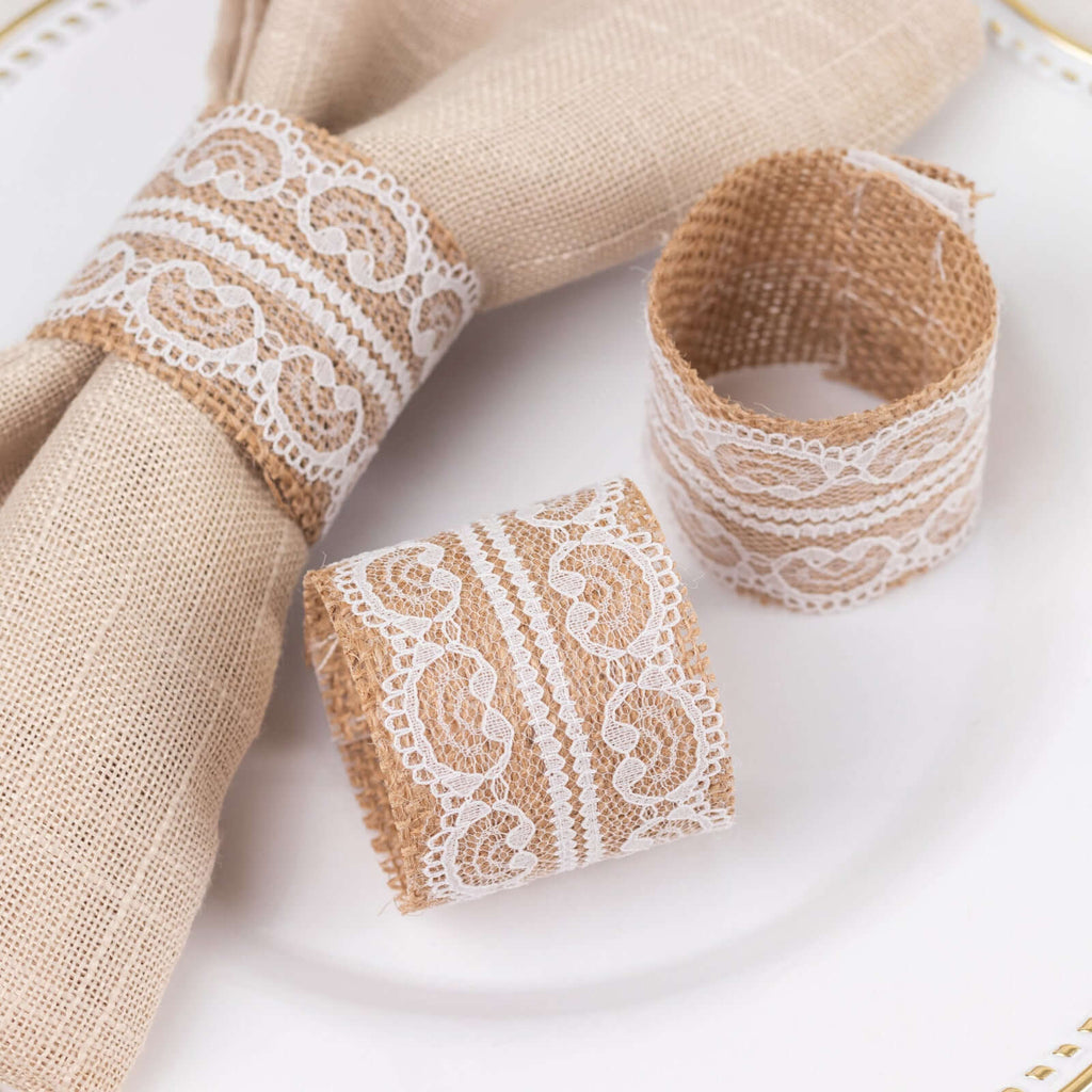 6 Pack Rustic Boho Chic Burlap and Lace Napkin Rings, Farmhouse Style Jute Serviette Buckles Holder - Bell Racket Store