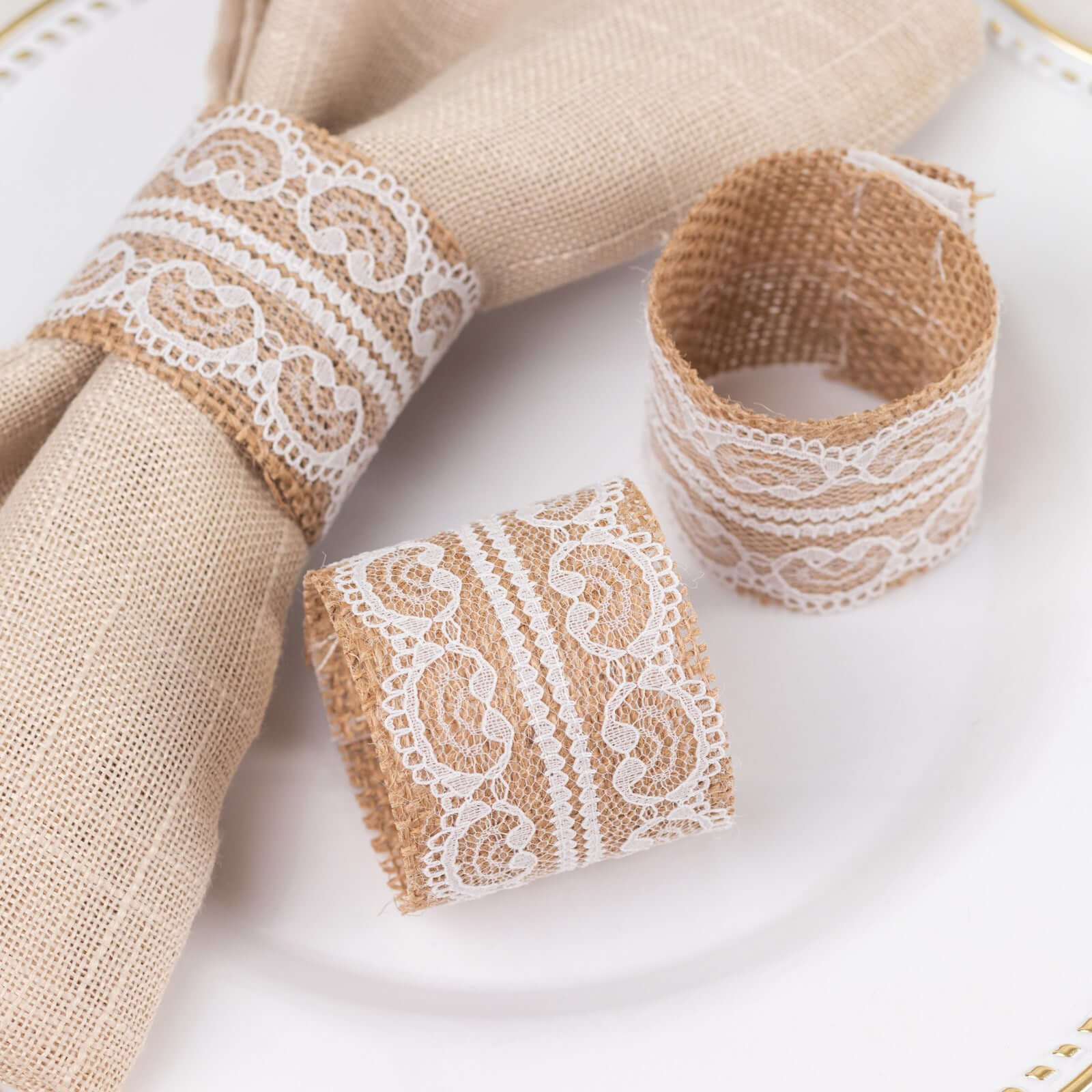 6 Pack Rustic Boho Chic Burlap and Lace Napkin Rings, Farmhouse Style Jute Serviette Buckles Holder - Bell Racket Store