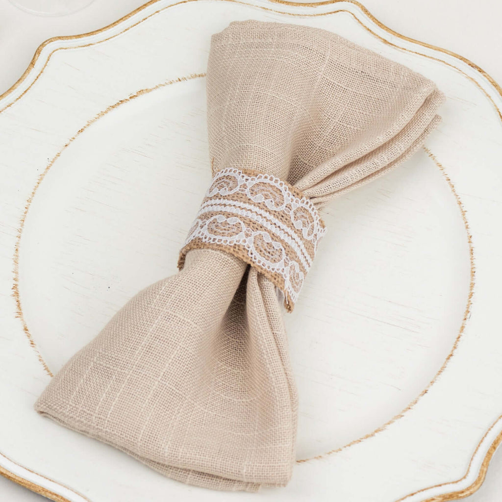 6 Pack Rustic Boho Chic Burlap and Lace Napkin Rings, Farmhouse Style Jute Serviette Buckles Holder - Bell Racket Store