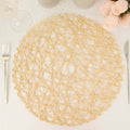 6-Pack Table Placemats Woven Fiber Design Beige Round - Disposable Mats for Dining and Events 15"