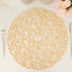 6-Pack Table Placemats Woven Fiber Design Beige Round - Disposable Mats for Dining and Events 15"