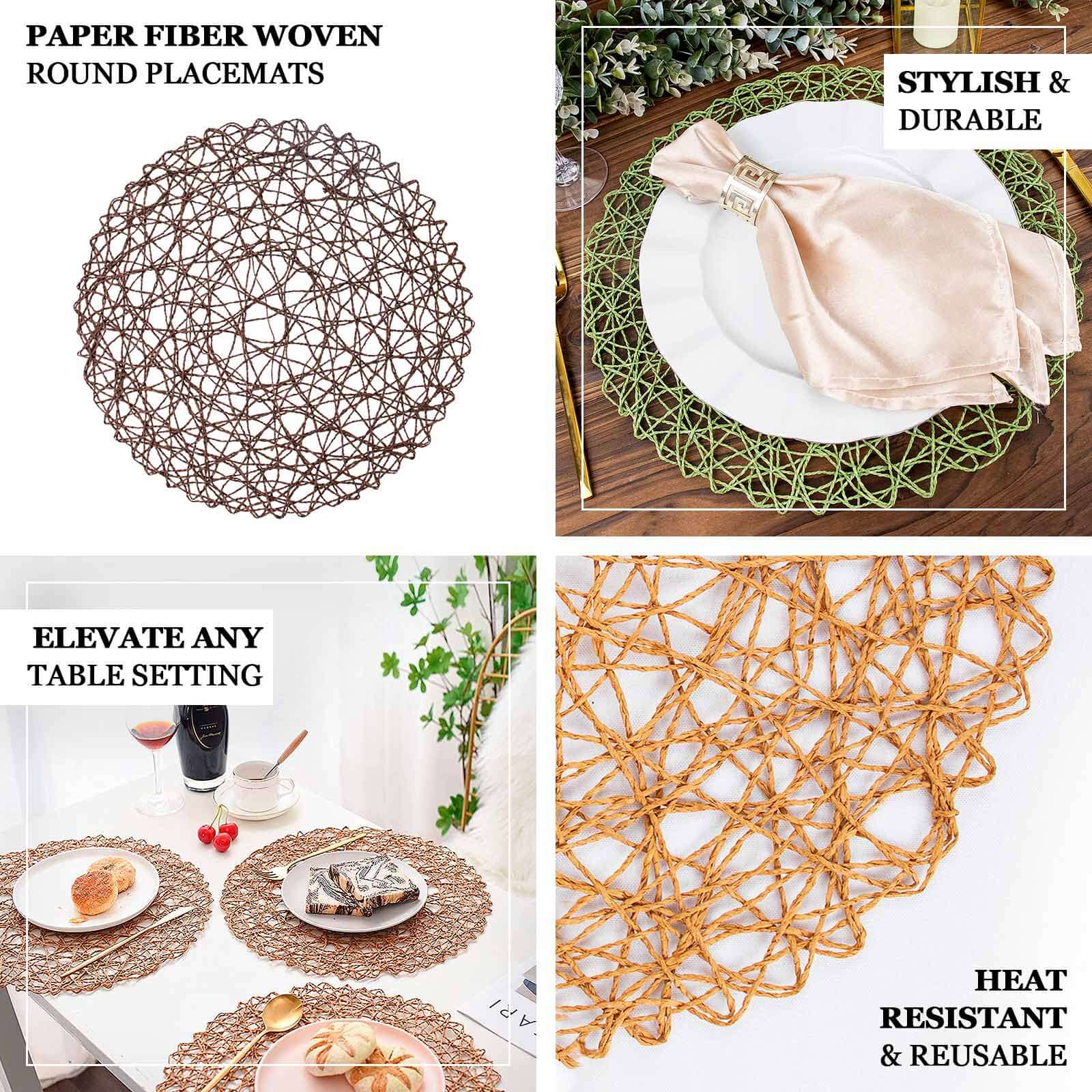 6 - Pack Table Placemats Woven Fiber Design Blush Round - Disposable Mats for Dining and Events 15" - Bell Racket Store
