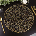 6-Pack Table Placemats Woven Fiber Design Gold Round - Disposable Mats for Dining and Events 15"