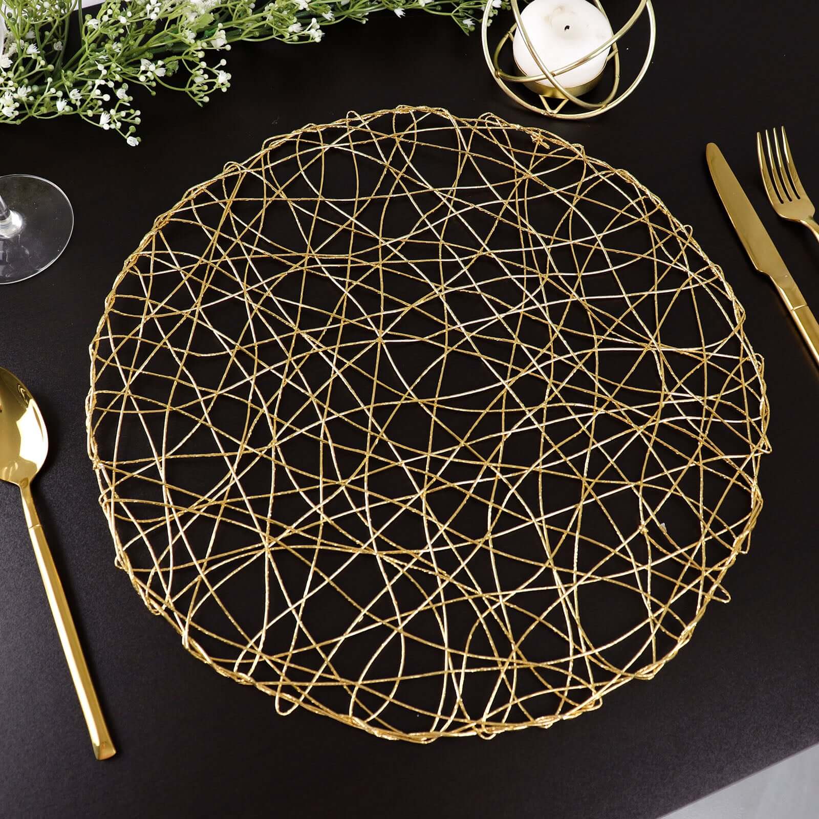6-Pack Table Placemats Woven Fiber Design Gold Round - Disposable Mats for Dining and Events 15"