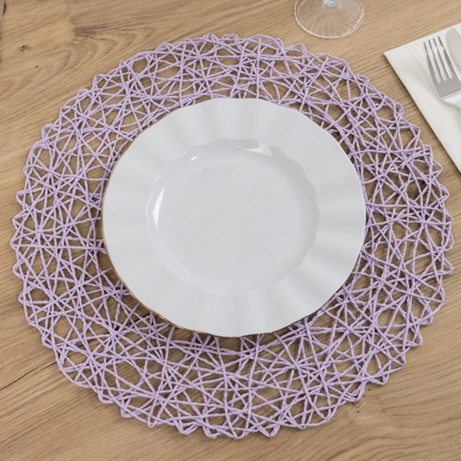 6 - Pack Table Placemats Woven Fiber Design Lavender Lilac Round - Disposable Mats for Dining and Events 15" - Bell Racket Store