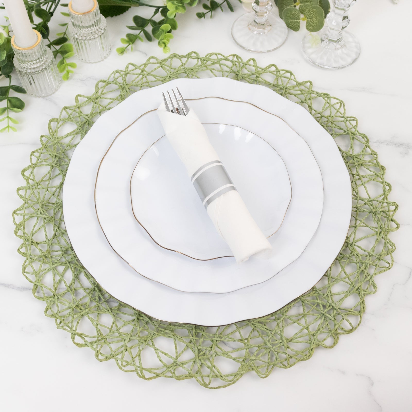 6 - Pack Table Placemats Woven Fiber Design Sage Green Round - Disposable Mats for Dining and Events 15" - Bell Racket Store