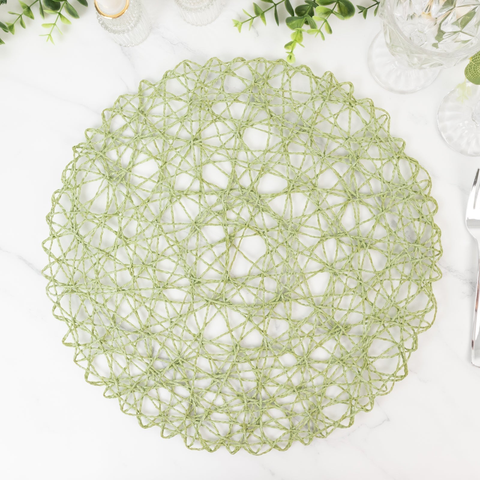 6 - Pack Table Placemats Woven Fiber Design Sage Green Round - Disposable Mats for Dining and Events 15" - Bell Racket Store