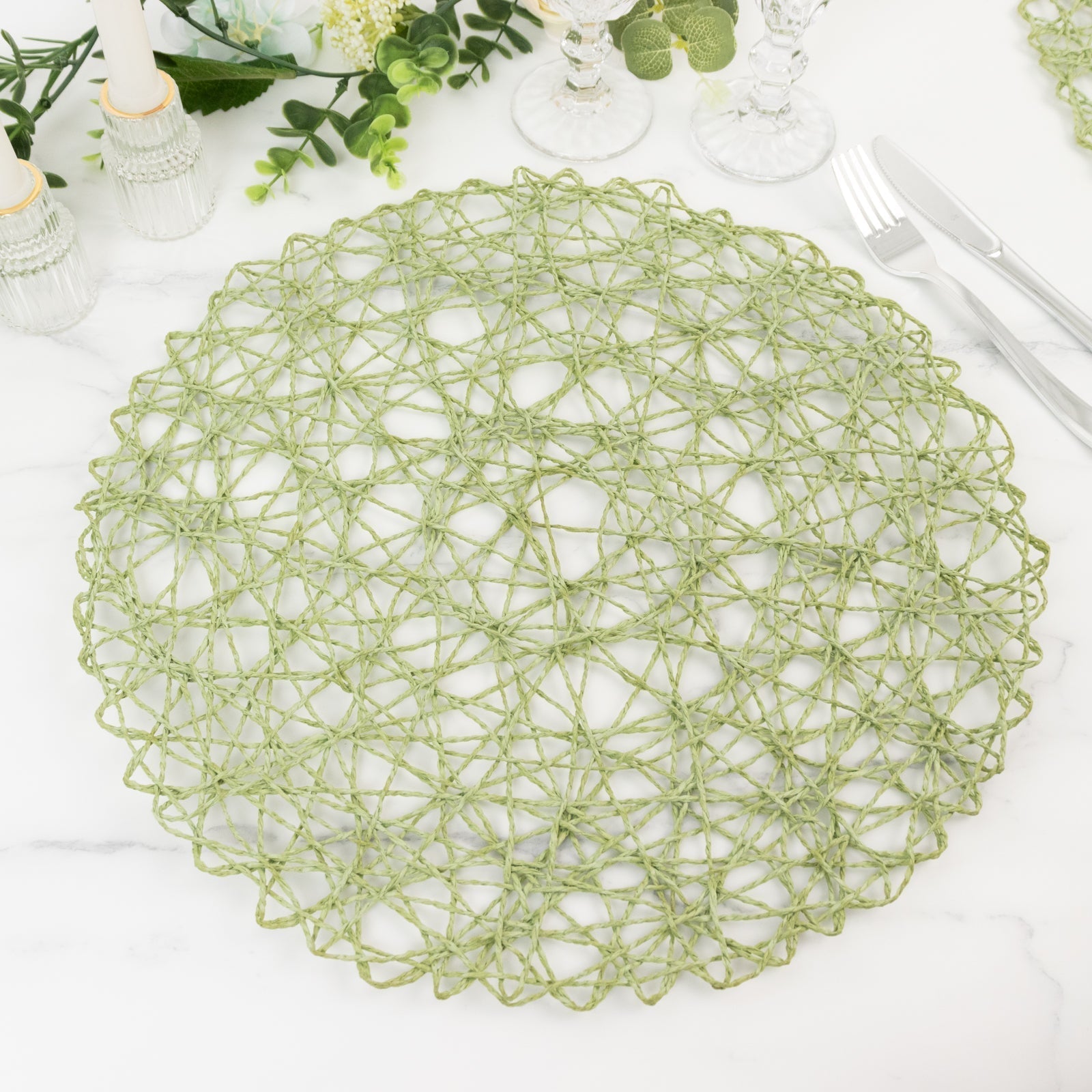6 - Pack Table Placemats Woven Fiber Design Sage Green Round - Disposable Mats for Dining and Events 15" - Bell Racket Store