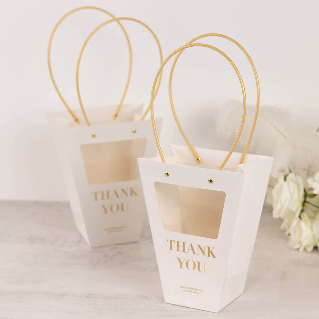 6 Pack Transparent White Paper Flower Gift Bags With Handles, Clear Window Thank You Party Favor Tote Bags in Trapezium Shape - 8"x10" - Bell Racket Store