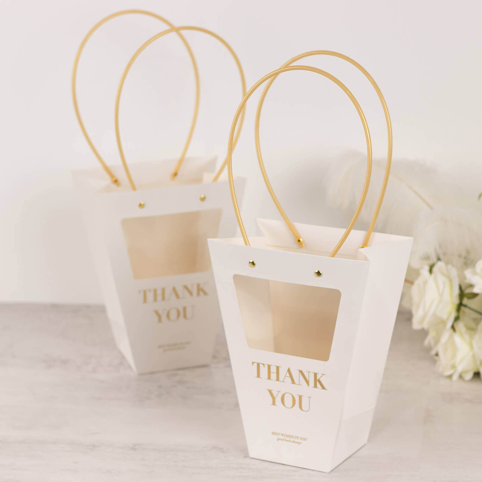 6 Pack Transparent White Paper Flower Gift Bags With Handles, Clear Window Thank You Party Favor Tote Bags in Trapezium Shape - 8"x10" - Bell Racket Store