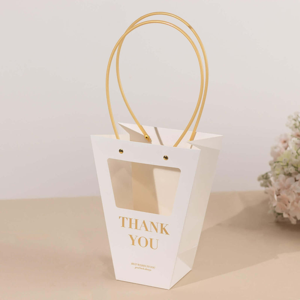 6 Pack Transparent White Paper Flower Gift Bags With Handles, Clear Window Thank You Party Favor Tote Bags in Trapezium Shape - 8"x10" - Bell Racket Store
