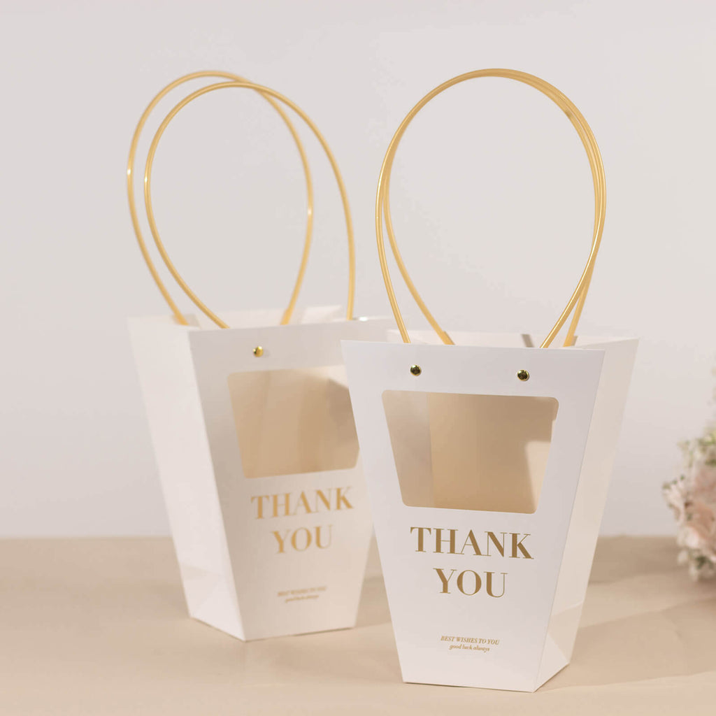 6 Pack Transparent White Paper Flower Gift Bags With Handles, Clear Window Thank You Party Favor Tote Bags in Trapezium Shape - 8"x10" - Bell Racket Store
