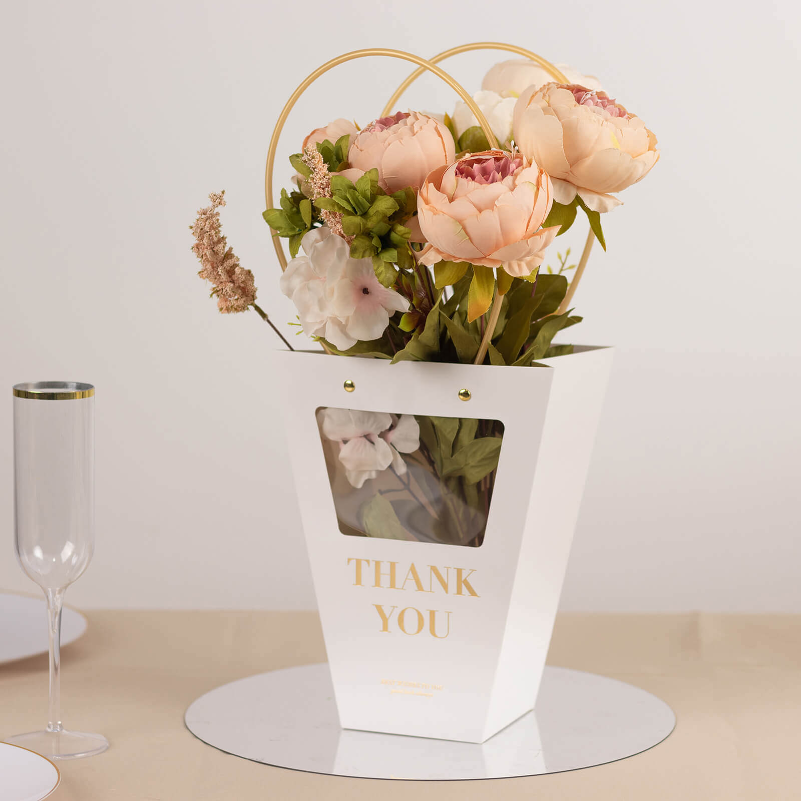 6 Pack Transparent White Paper Flower Gift Bags With Handles, Clear Window Thank You Party Favor Tote Bags in Trapezium Shape - 8"x10" - Bell Racket Store