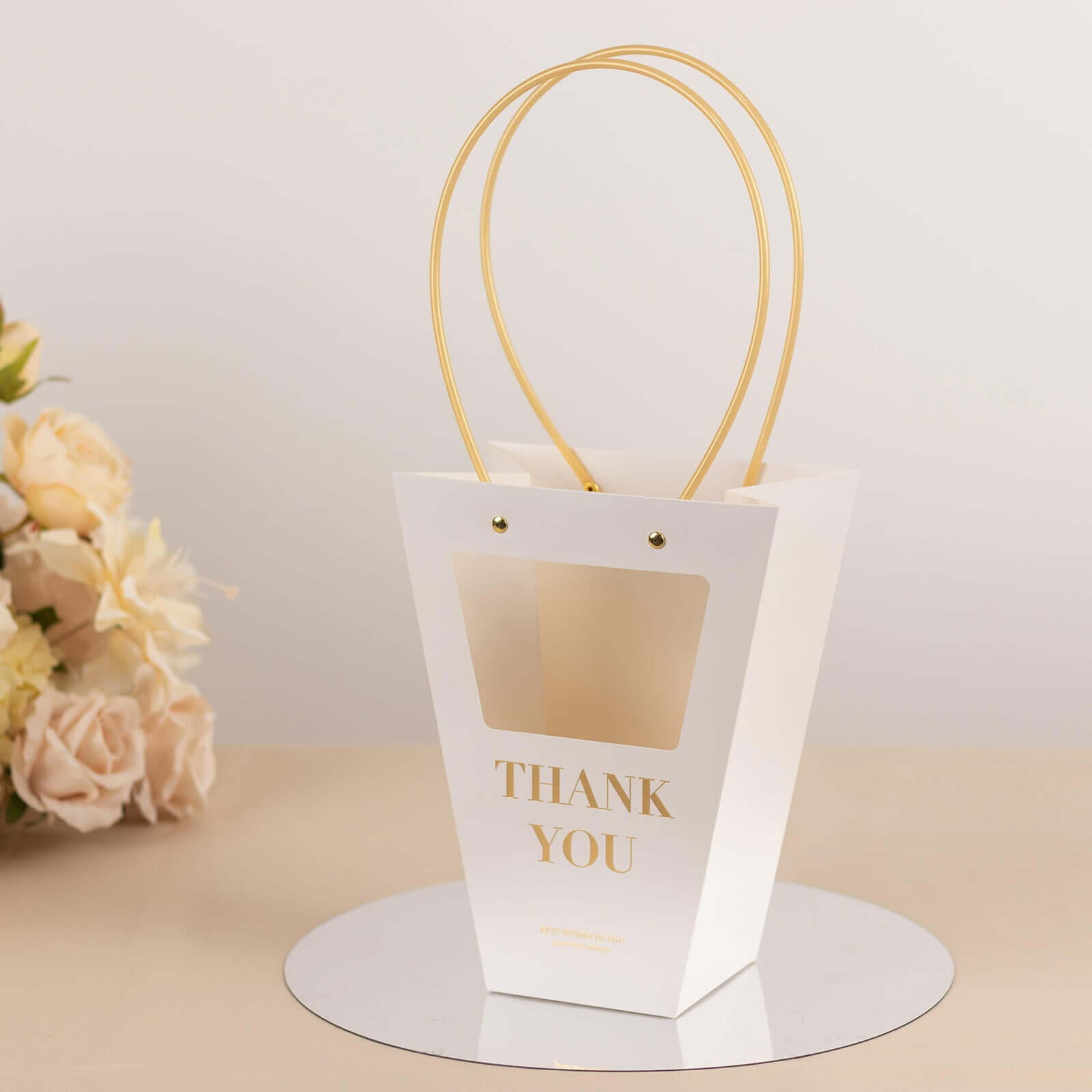 6 Pack Transparent White Paper Flower Gift Bags With Handles, Clear Window Thank You Party Favor Tote Bags in Trapezium Shape - 8"x10" - Bell Racket Store