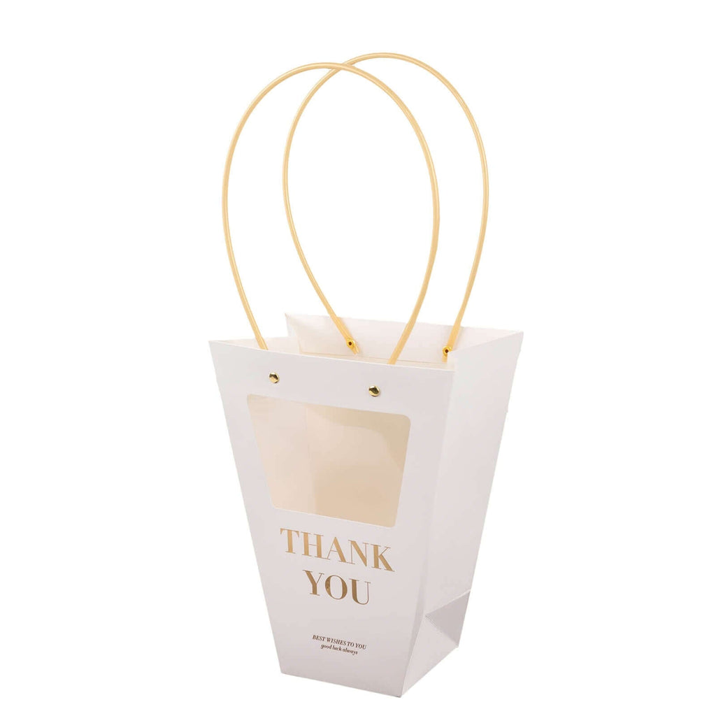 6 Pack Transparent White Paper Flower Gift Bags With Handles, Clear Window Thank You Party Favor Tote Bags in Trapezium Shape - 8"x10" - Bell Racket Store