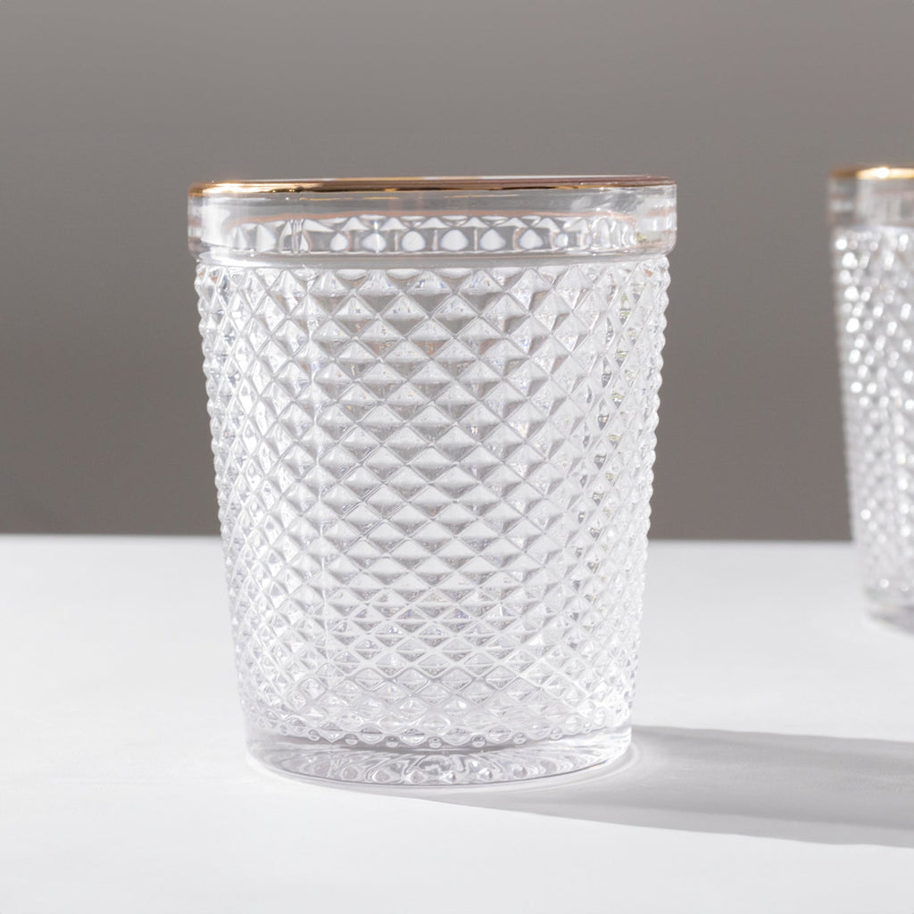 6 - Pack Tumbler Glasses Clear Hobnail Design with Gold Rim - Embossed Diamond Pattern Glassware for Drinks & Parties 11oz 4" - Bell Racket Store