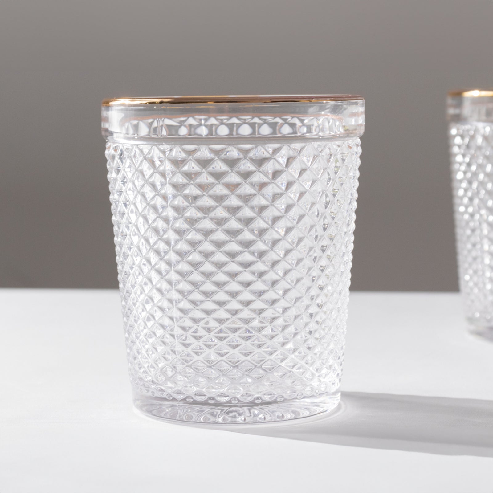 6 - Pack Tumbler Glasses Clear Hobnail Design with Gold Rim - Embossed Diamond Pattern Glassware for Drinks & Parties 11oz 4" - Bell Racket Store