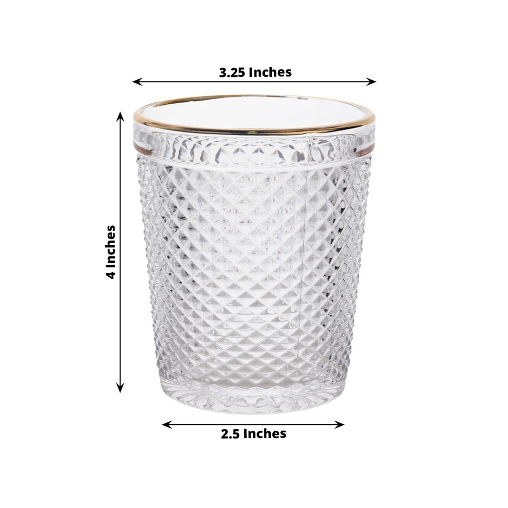 6 - Pack Tumbler Glasses Clear Hobnail Design with Gold Rim - Embossed Diamond Pattern Glassware for Drinks & Parties 11oz 4" - Bell Racket Store
