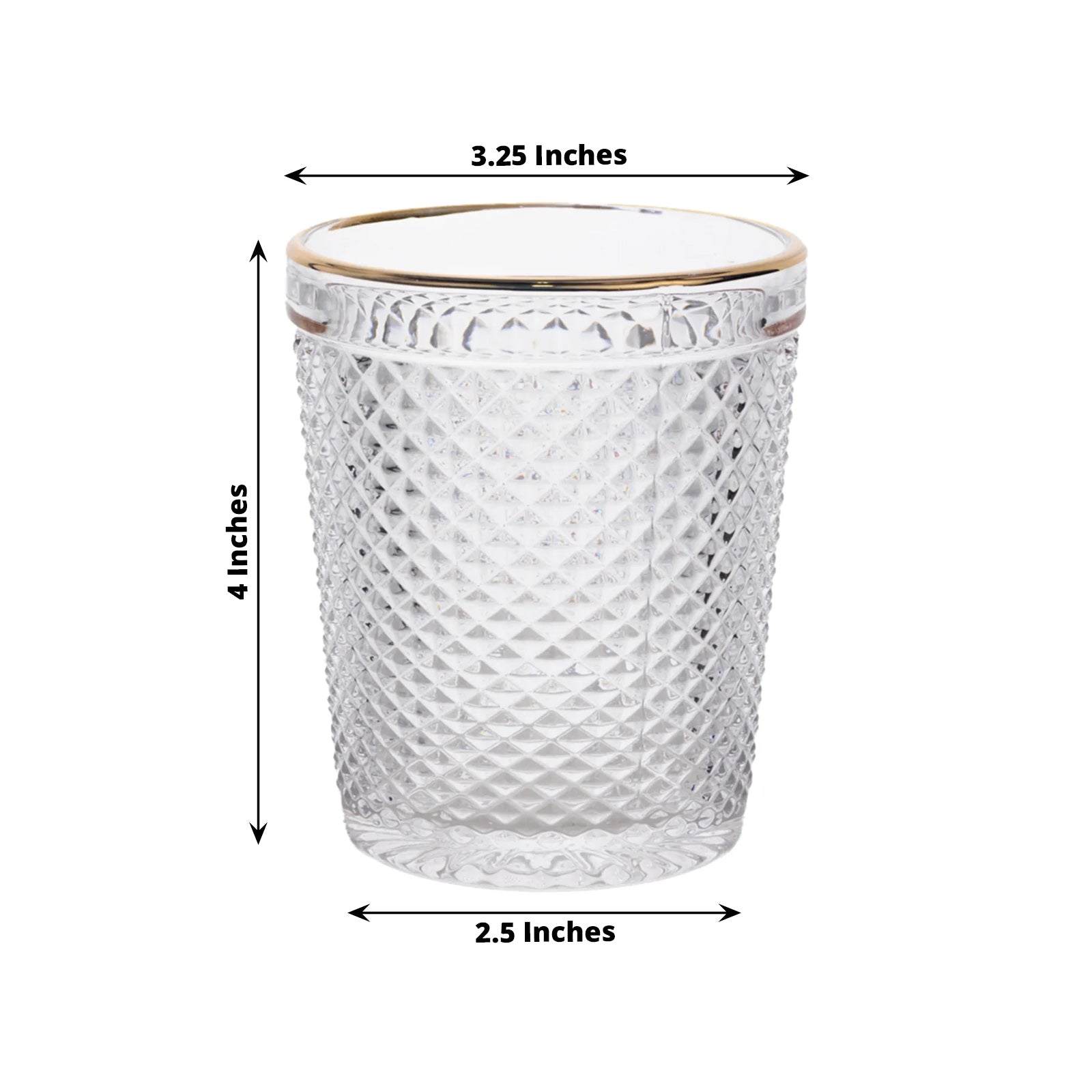 6 - Pack Tumbler Glasses Clear Hobnail Design with Gold Rim - Embossed Diamond Pattern Glassware for Drinks & Parties 11oz 4" - Bell Racket Store