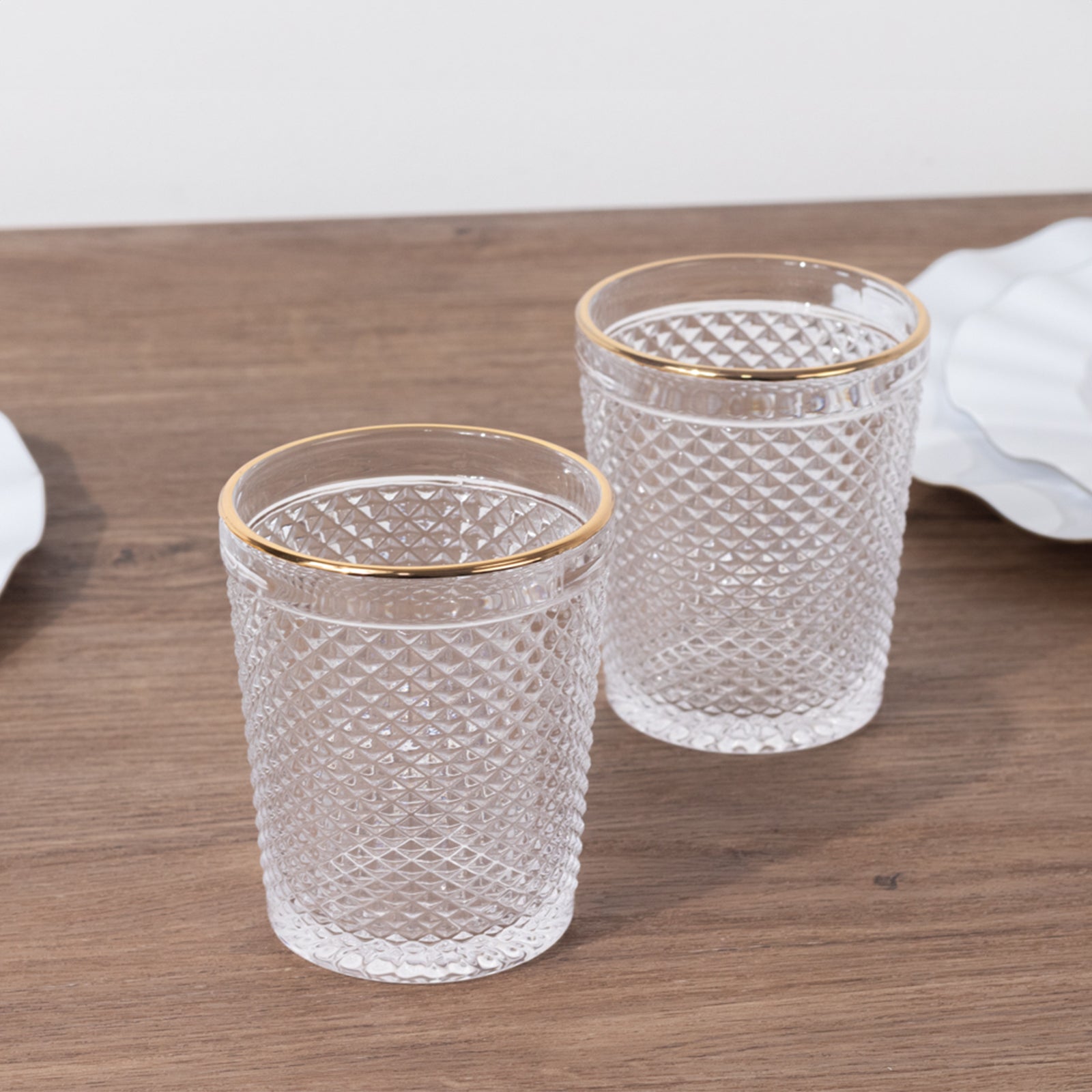6 - Pack Tumbler Glasses Clear Hobnail Design with Gold Rim - Embossed Diamond Pattern Glassware for Drinks & Parties 11oz 4" - Bell Racket Store