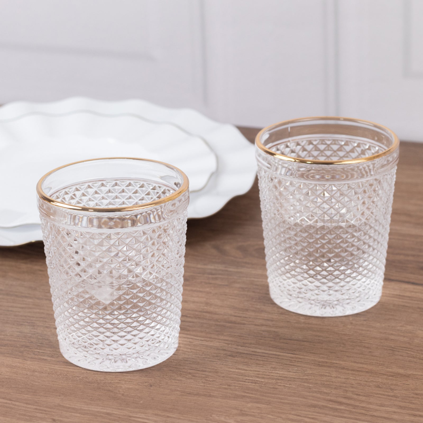 6 - Pack Tumbler Glasses Clear Hobnail Design with Gold Rim - Embossed Diamond Pattern Glassware for Drinks & Parties 11oz 4" - Bell Racket Store