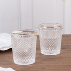 6 - Pack Tumbler Glasses Clear Hobnail Design with Gold Rim - Embossed Diamond Pattern Glassware for Drinks & Parties 11oz 4" - Bell Racket Store