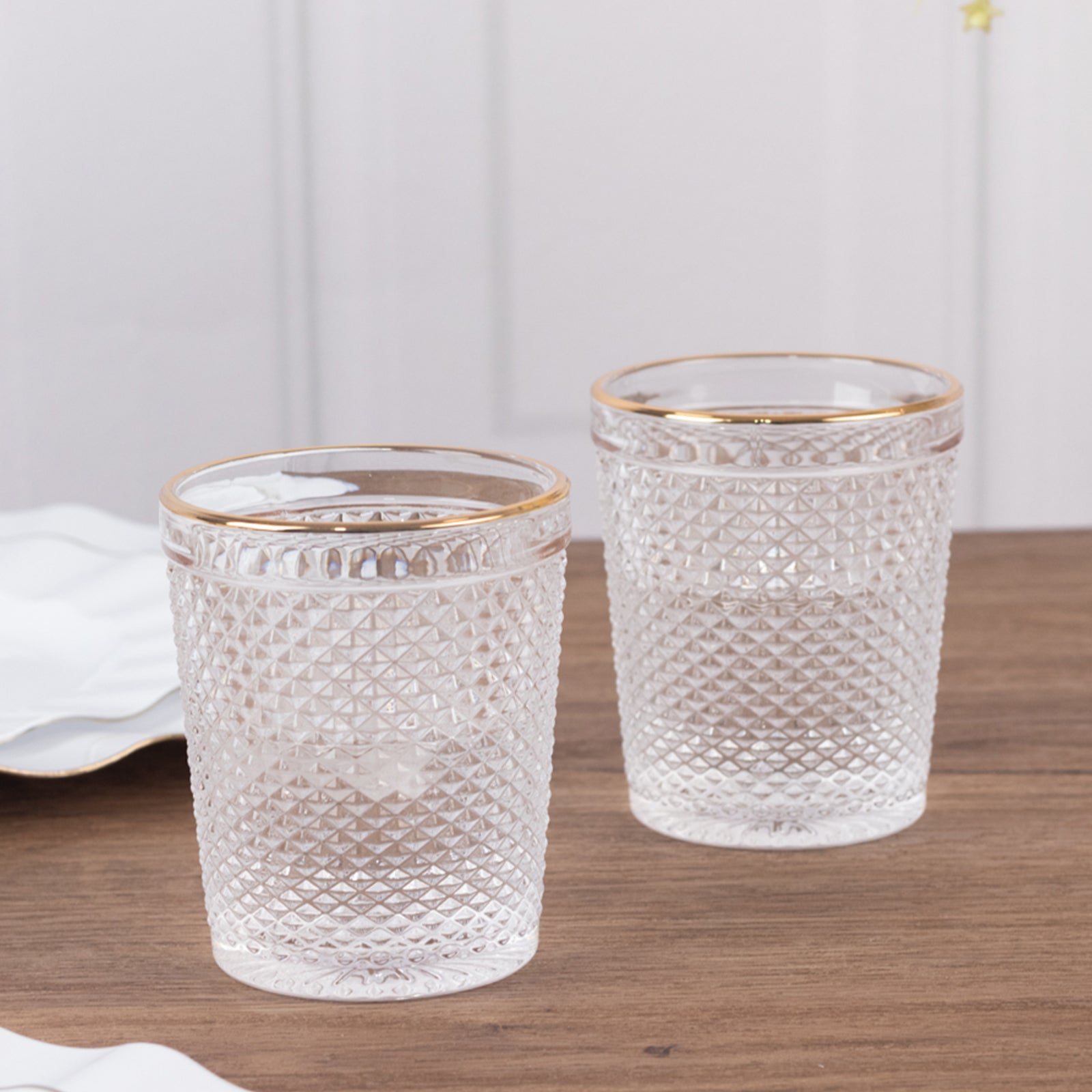 6 - Pack Tumbler Glasses Clear Hobnail Design with Gold Rim - Embossed Diamond Pattern Glassware for Drinks & Parties 11oz 4" - Bell Racket Store