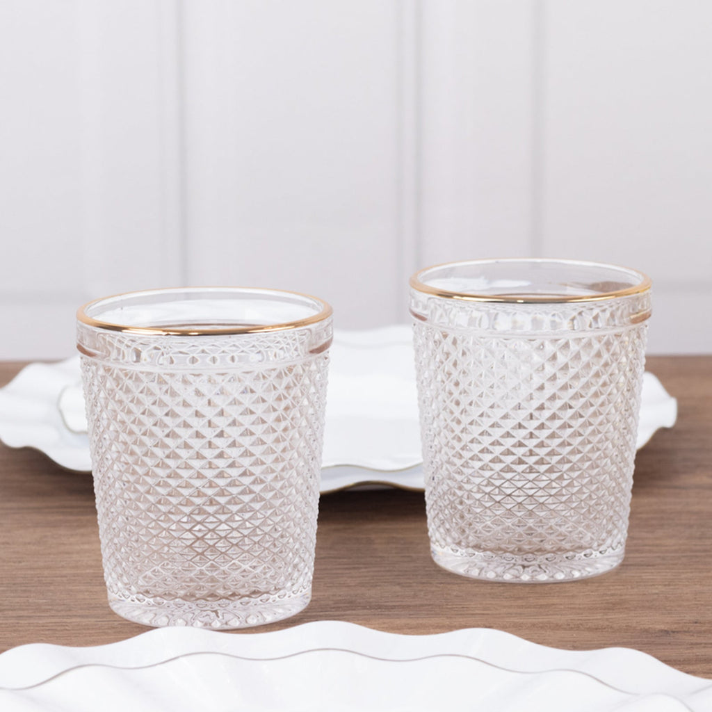 6 - Pack Tumbler Glasses Clear Hobnail Design with Gold Rim - Embossed Diamond Pattern Glassware for Drinks & Parties 11oz 4" - Bell Racket Store