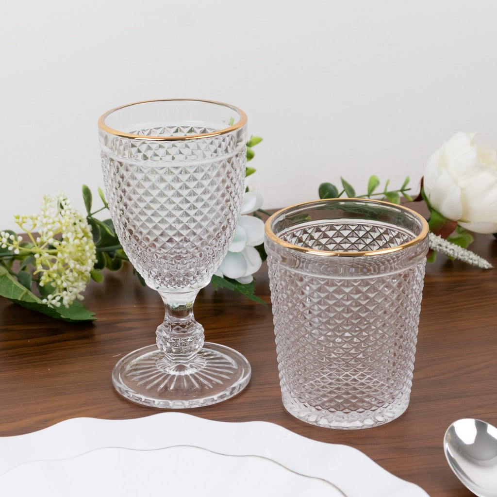 6 - Pack Tumbler Glasses Clear Hobnail Design with Gold Rim - Embossed Diamond Pattern Glassware for Drinks & Parties 11oz 4" - Bell Racket Store