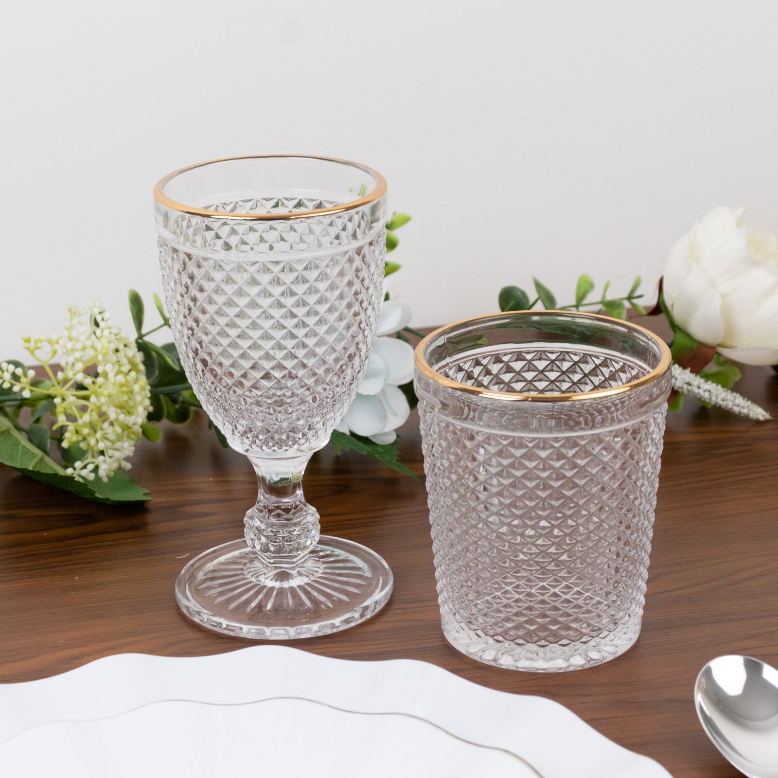 6 - Pack Tumbler Glasses Clear Hobnail Design with Gold Rim - Embossed Diamond Pattern Glassware for Drinks & Parties 11oz 4" - Bell Racket Store
