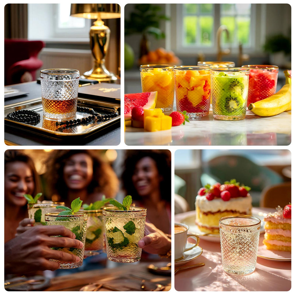 6 - Pack Tumbler Glasses Clear Hobnail Design with Gold Rim - Embossed Diamond Pattern Glassware for Drinks & Parties 11oz 4" - Bell Racket Store