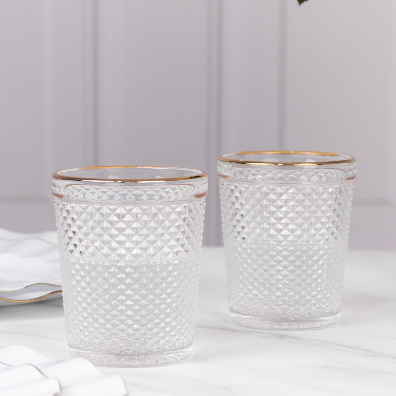 6 - Pack Tumbler Glasses Clear Hobnail Design with Gold Rim - Embossed Diamond Pattern Glassware for Drinks & Parties 11oz 4" - Bell Racket Store