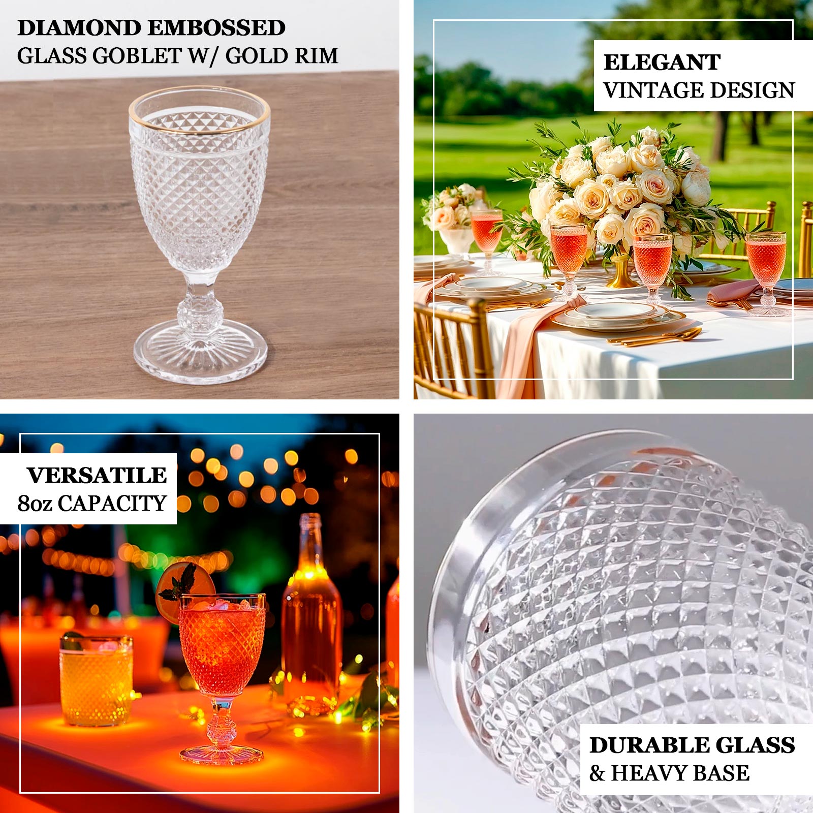 6 - Pack Vintage Wine Glasses with Gold Rim and Embossed Diamond Pattern Clear - Crystal 8oz Short Stem Goblets for Cocktails 6" - Bell Racket Store