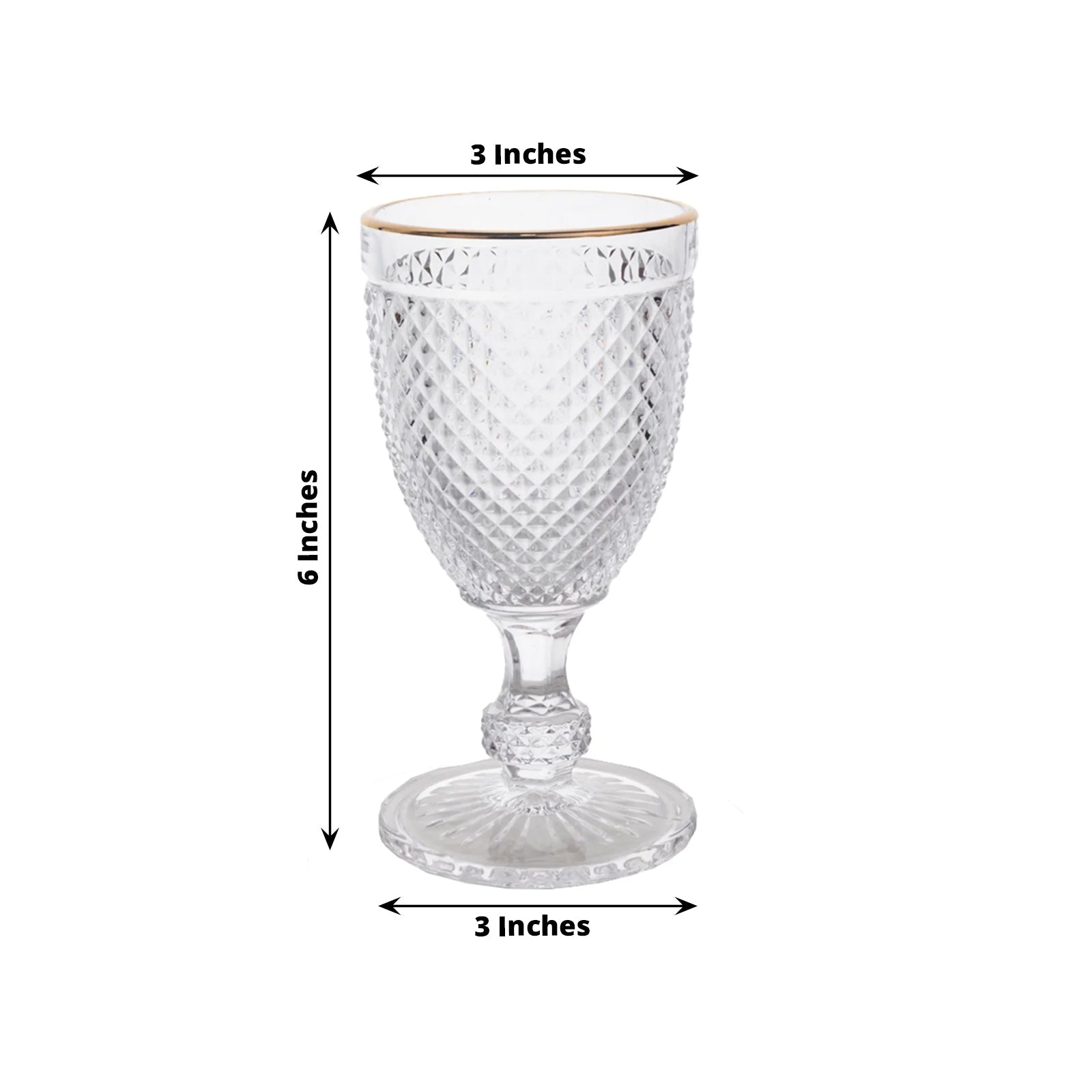 6 - Pack Vintage Wine Glasses with Gold Rim and Embossed Diamond Pattern Clear - Crystal 8oz Short Stem Goblets for Cocktails 6" - Bell Racket Store