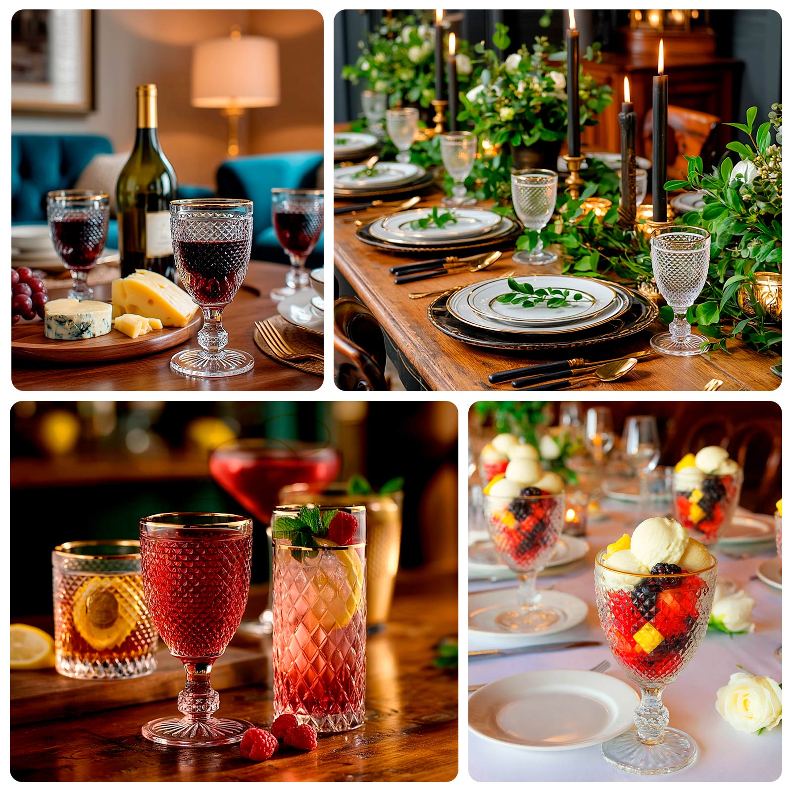 6 - Pack Vintage Wine Glasses with Gold Rim and Embossed Diamond Pattern Clear - Crystal 8oz Short Stem Goblets for Cocktails 6" - Bell Racket Store