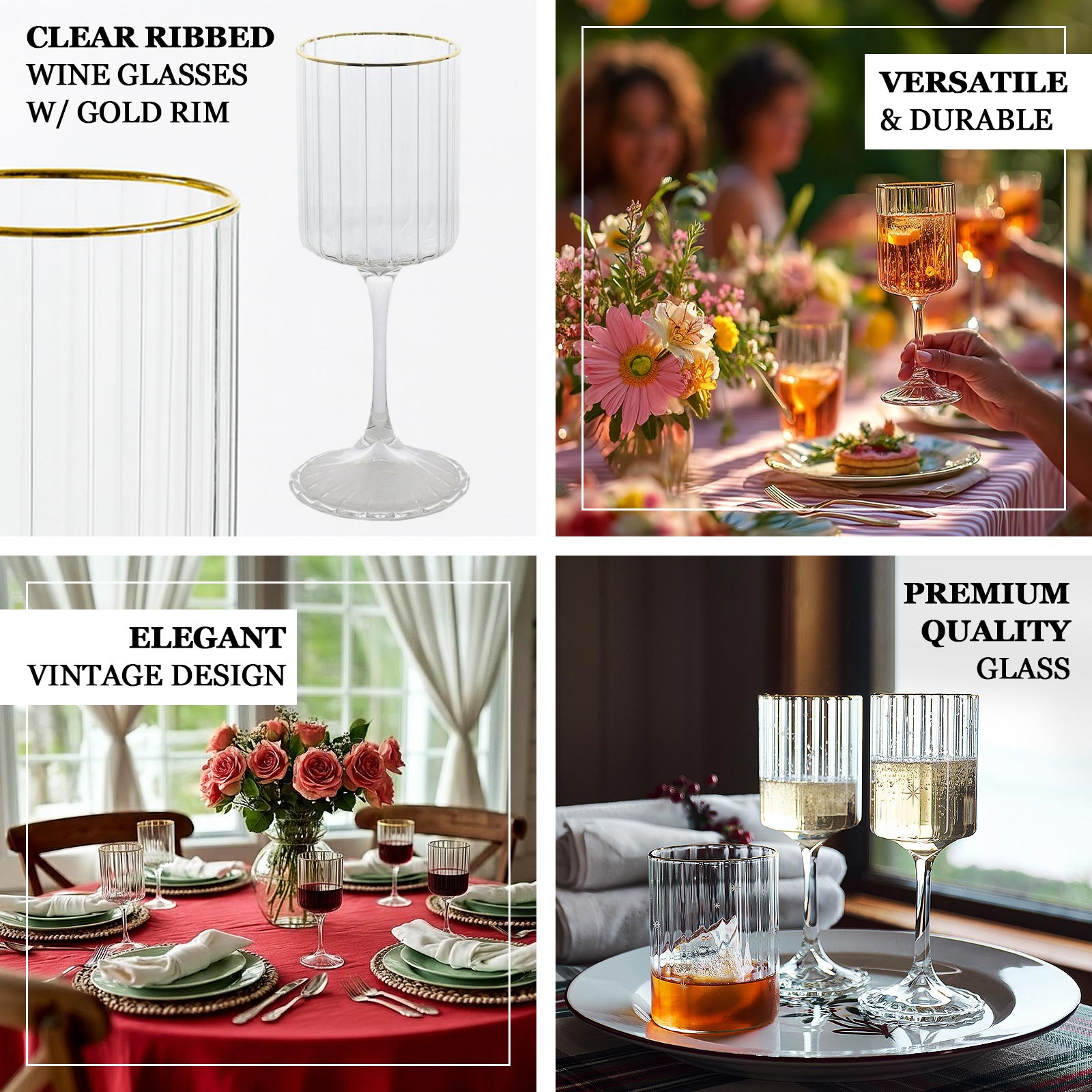 6 - Pack Vintage Wine Goblet Glasses â€“ 10oz Ribbed Clear Glass with Gold Rim, Classic Table Drinkware for Cocktails or Beverages â€“ 8" Tall - Bell Racket Store