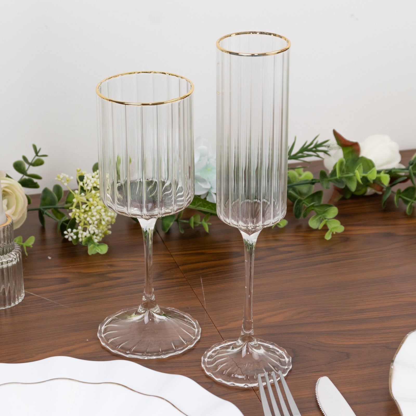 6 - Pack Vintage Wine Goblet Glasses â€“ 10oz Ribbed Clear Glass with Gold Rim, Classic Table Drinkware for Cocktails or Beverages â€“ 8" Tall - Bell Racket Store