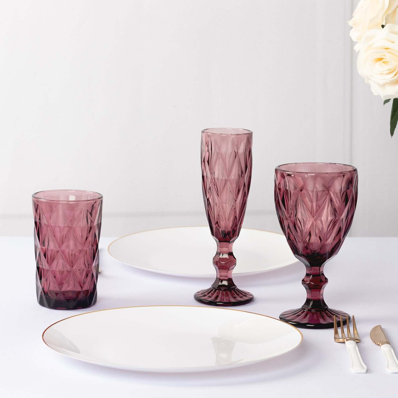 6 - Pack Whiskey Glasses Dusty Rose Textured Crystal Cut Design with Heavy Base - Highball Tumblers for Parties & Events 12oz 5" - Bell Racket Store