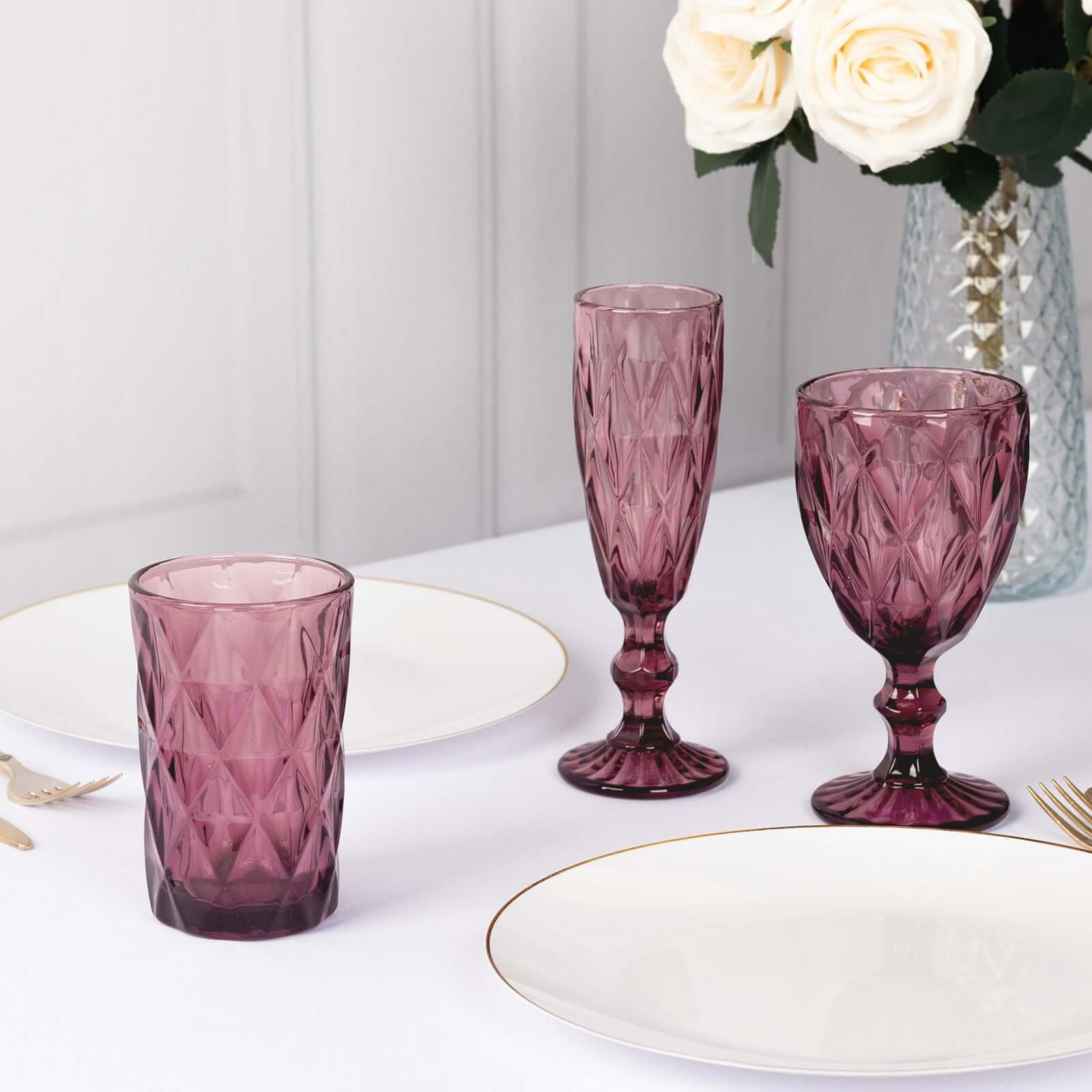 6 - Pack Whiskey Glasses Dusty Rose Textured Crystal Cut Design with Heavy Base - Highball Tumblers for Parties & Events 12oz 5" - Bell Racket Store