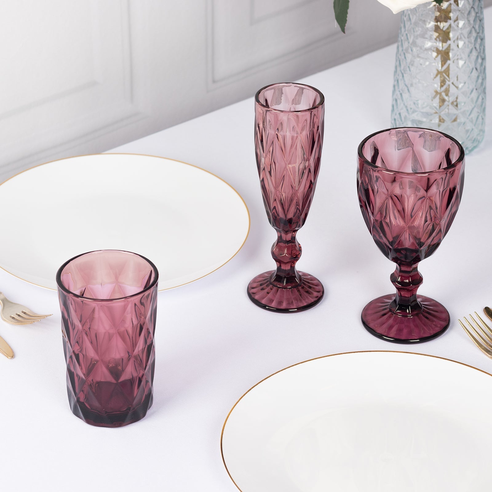 6 - Pack Whiskey Glasses Dusty Rose Textured Crystal Cut Design with Heavy Base - Highball Tumblers for Parties & Events 12oz 5" - Bell Racket Store