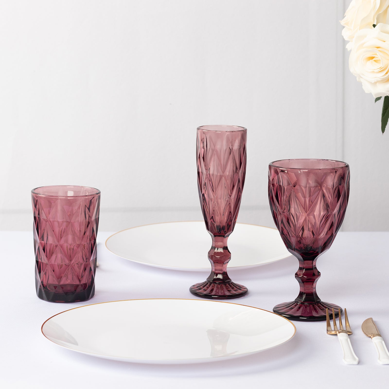 6 - Pack Whiskey Glasses Dusty Rose Textured Crystal Cut Design with Heavy Base - Highball Tumblers for Parties & Events 12oz 5" - Bell Racket Store