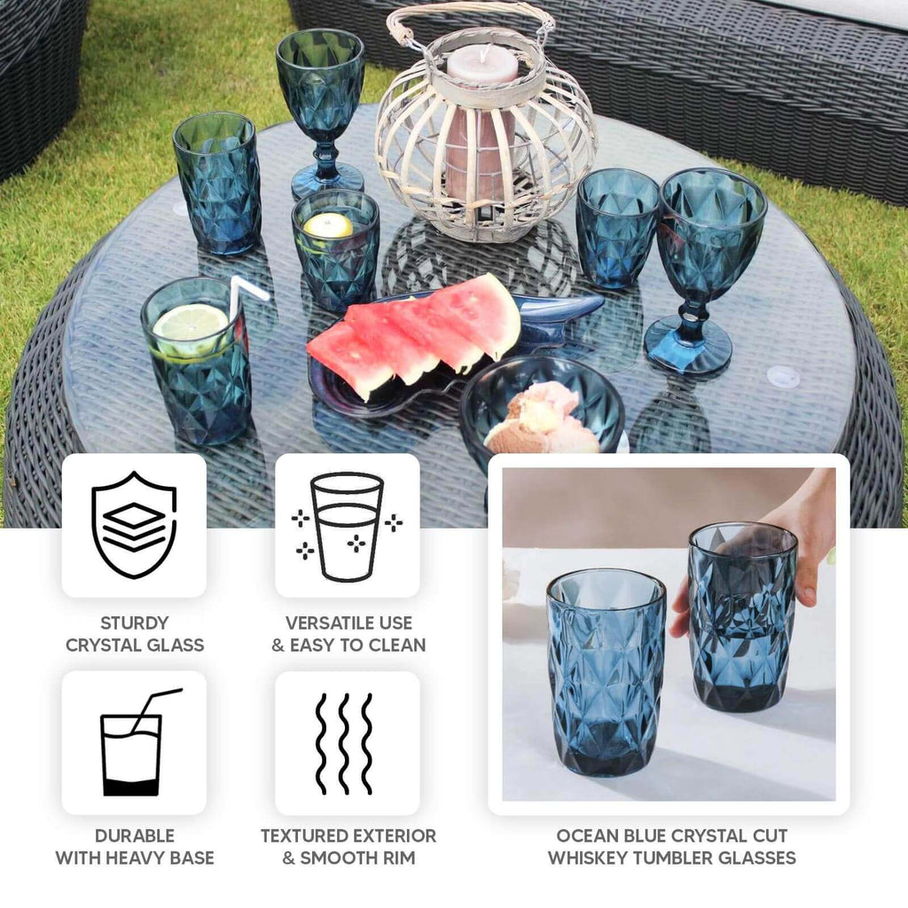 6 - Pack Whiskey Glasses Ocean Blue Textured Crystal Cut Design with Heavy Base - Highball Tumblers for Parties & Events 12oz 5" - Bell Racket Store
