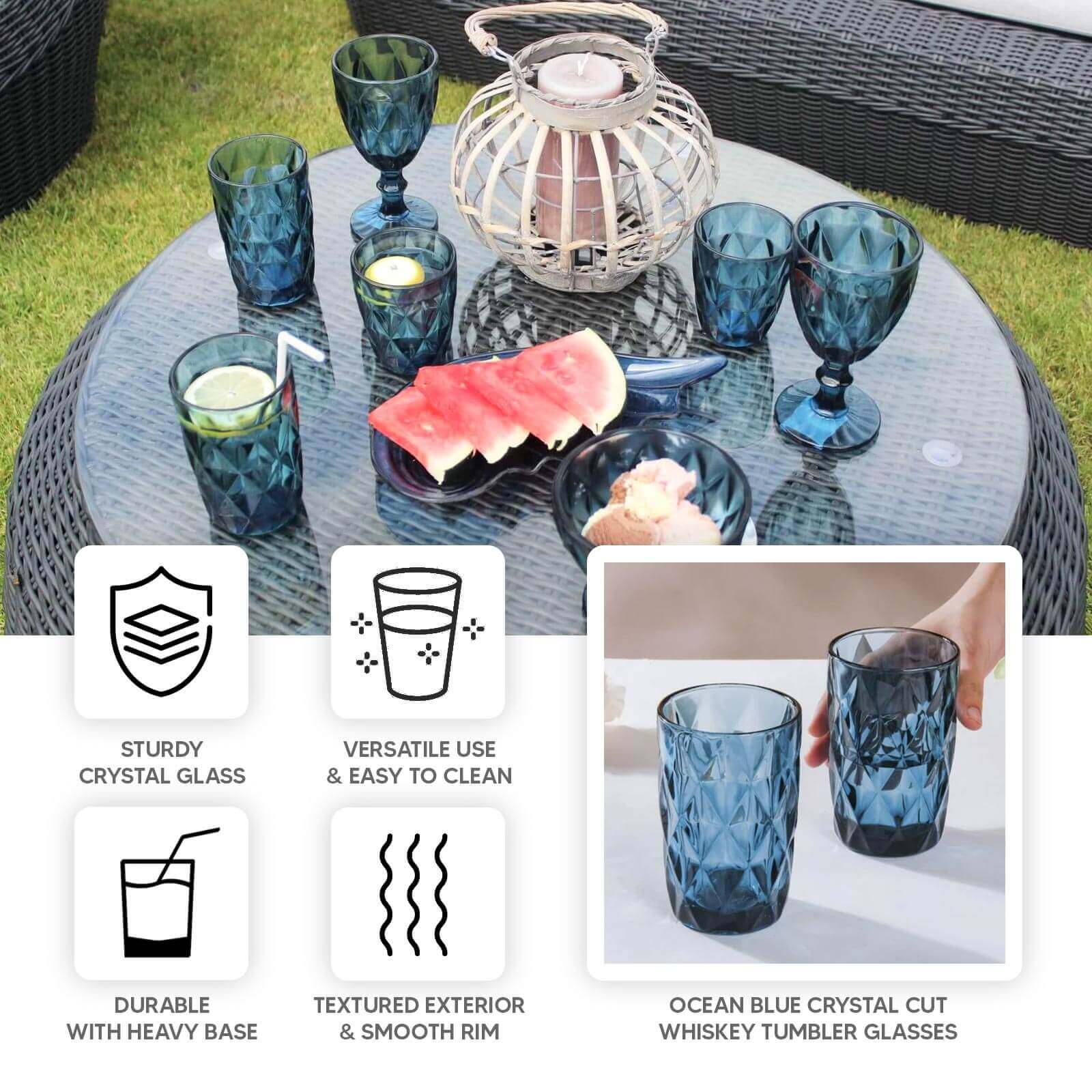 6 - Pack Whiskey Glasses Ocean Blue Textured Crystal Cut Design with Heavy Base - Highball Tumblers for Parties & Events 12oz 5" - Bell Racket Store