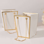 6 Pack White Gold Edge Paper Flower Gift Bags With Metal Chain Handles, Trapezoid Party Favor Tote Bags - 5"x6" - Bell Racket Store