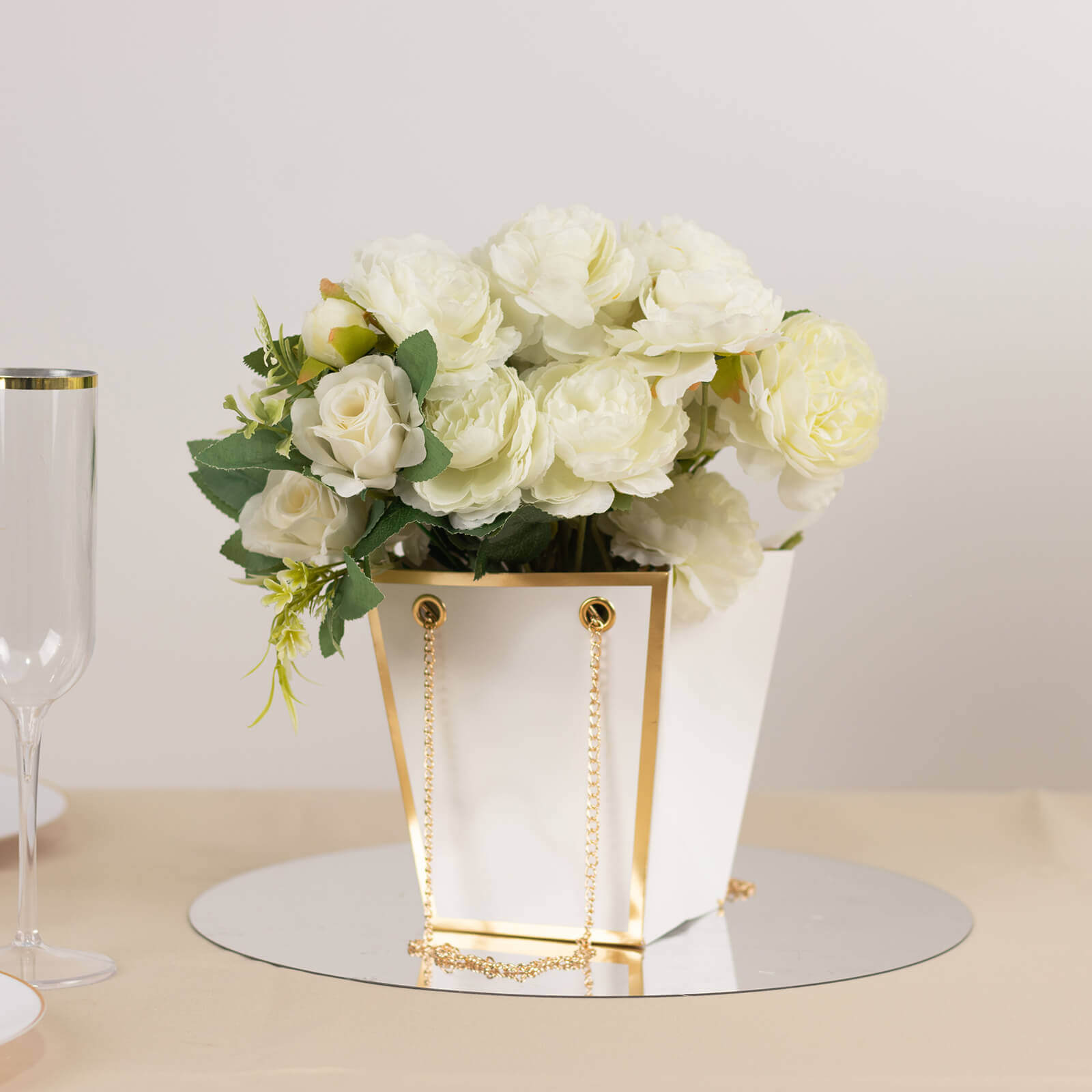 6 Pack White Gold Edge Paper Flower Gift Bags With Metal Chain Handles, Trapezoid Party Favor Tote Bags - 5"x6" - Bell Racket Store