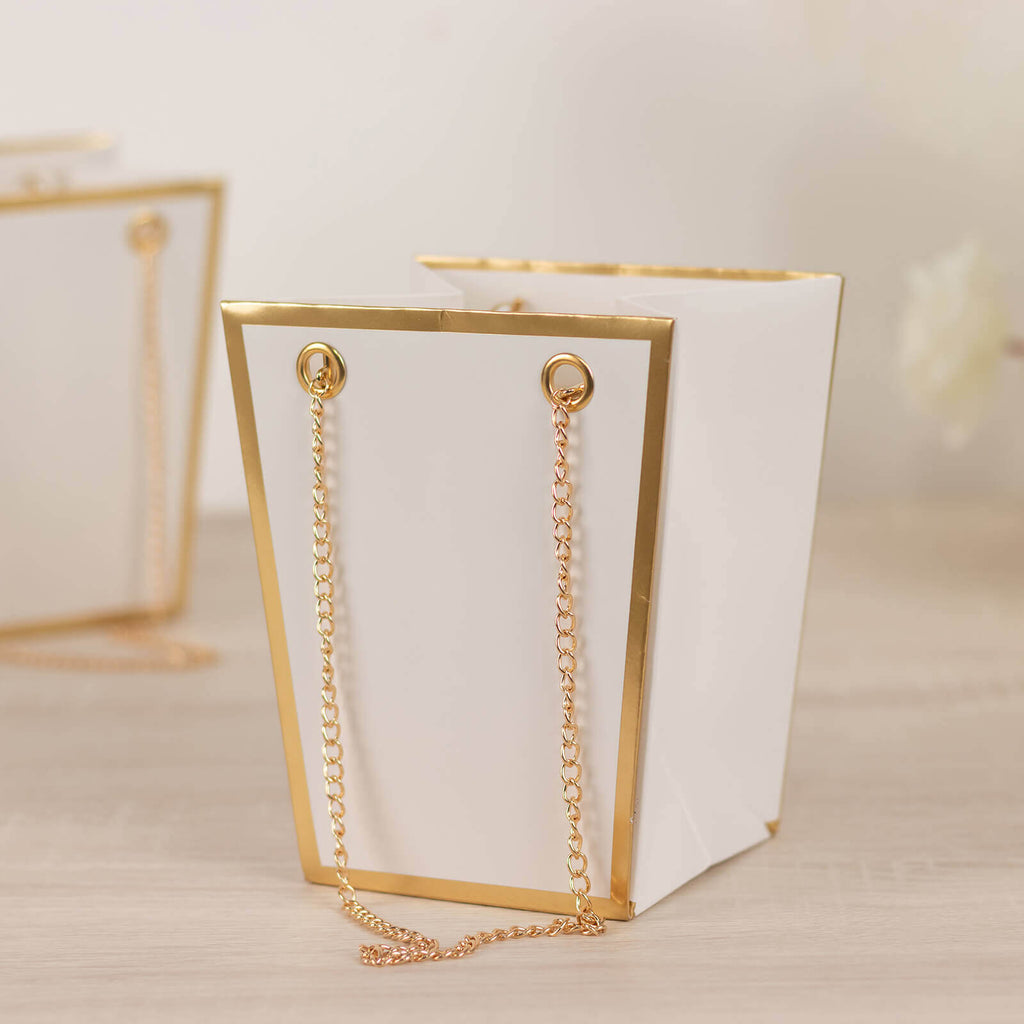 6 Pack White Gold Edge Paper Flower Gift Bags With Metal Chain Handles, Trapezoid Party Favor Tote Bags - 5"x6" - Bell Racket Store